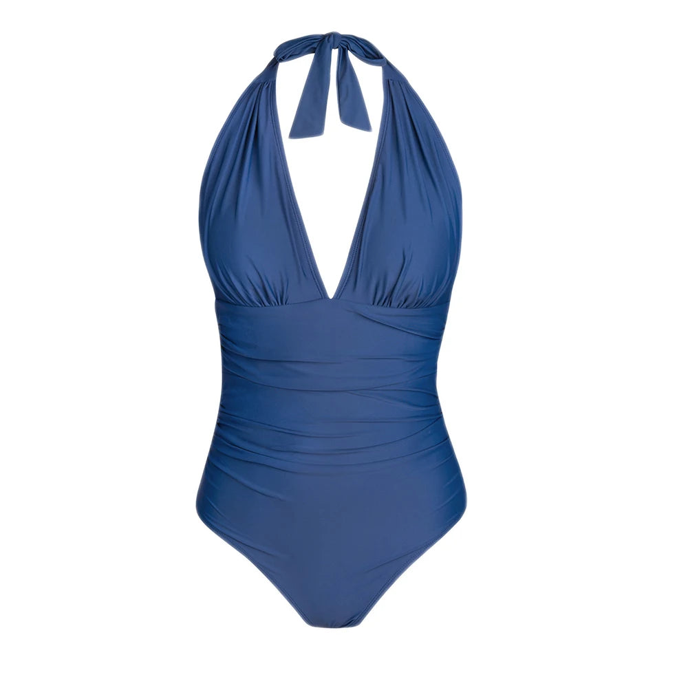 Deep V Halter Lace-Up One-Piece Swimsuit - for elegant looks and perfect fit for any occasion - Corafemme