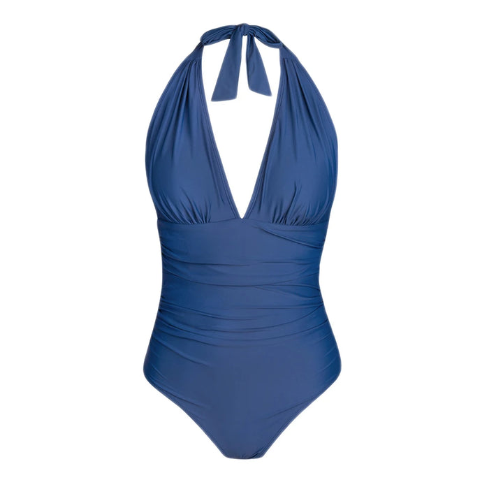 Deep V Halter Lace-Up One-Piece Swimsuit - for elegant looks and perfect fit for any occasion - Corafemme