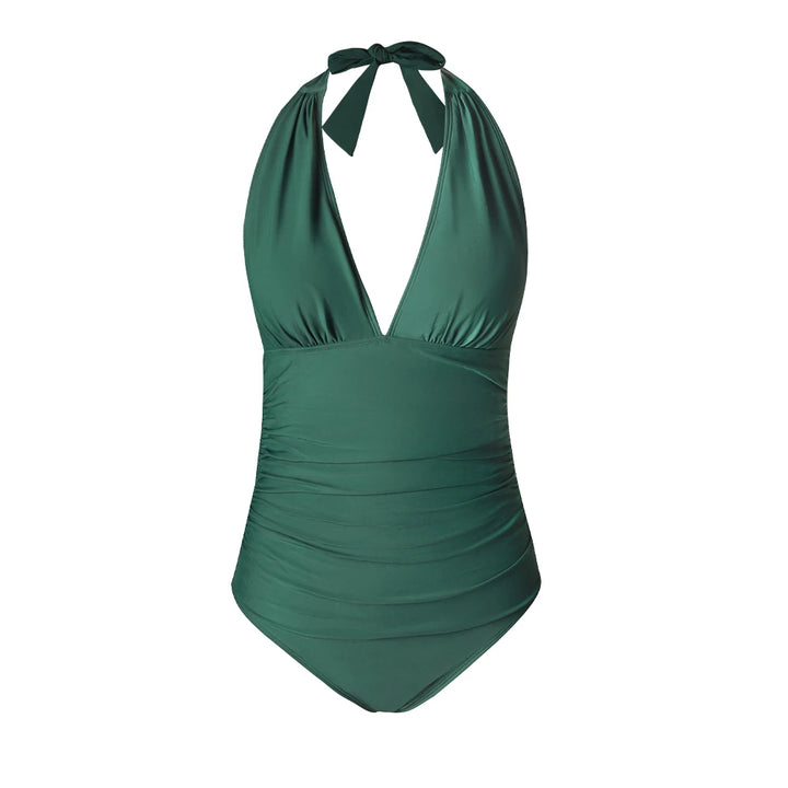 Deep V Halter Lace-Up One-Piece Swimsuit - for elegant looks and perfect fit for any occasion - Corafemme