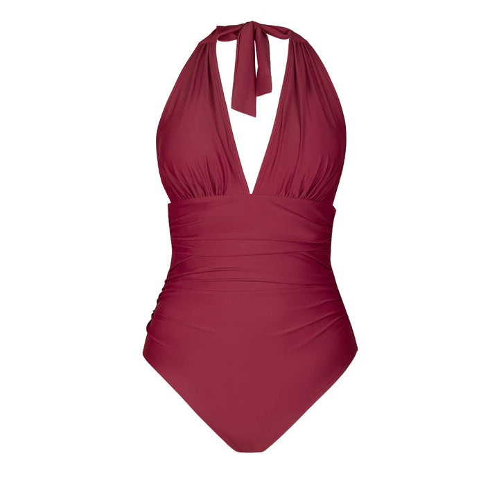 Deep V Halter Lace-Up One-Piece Swimsuit - for elegant looks and perfect fit for any occasion - Corafemme