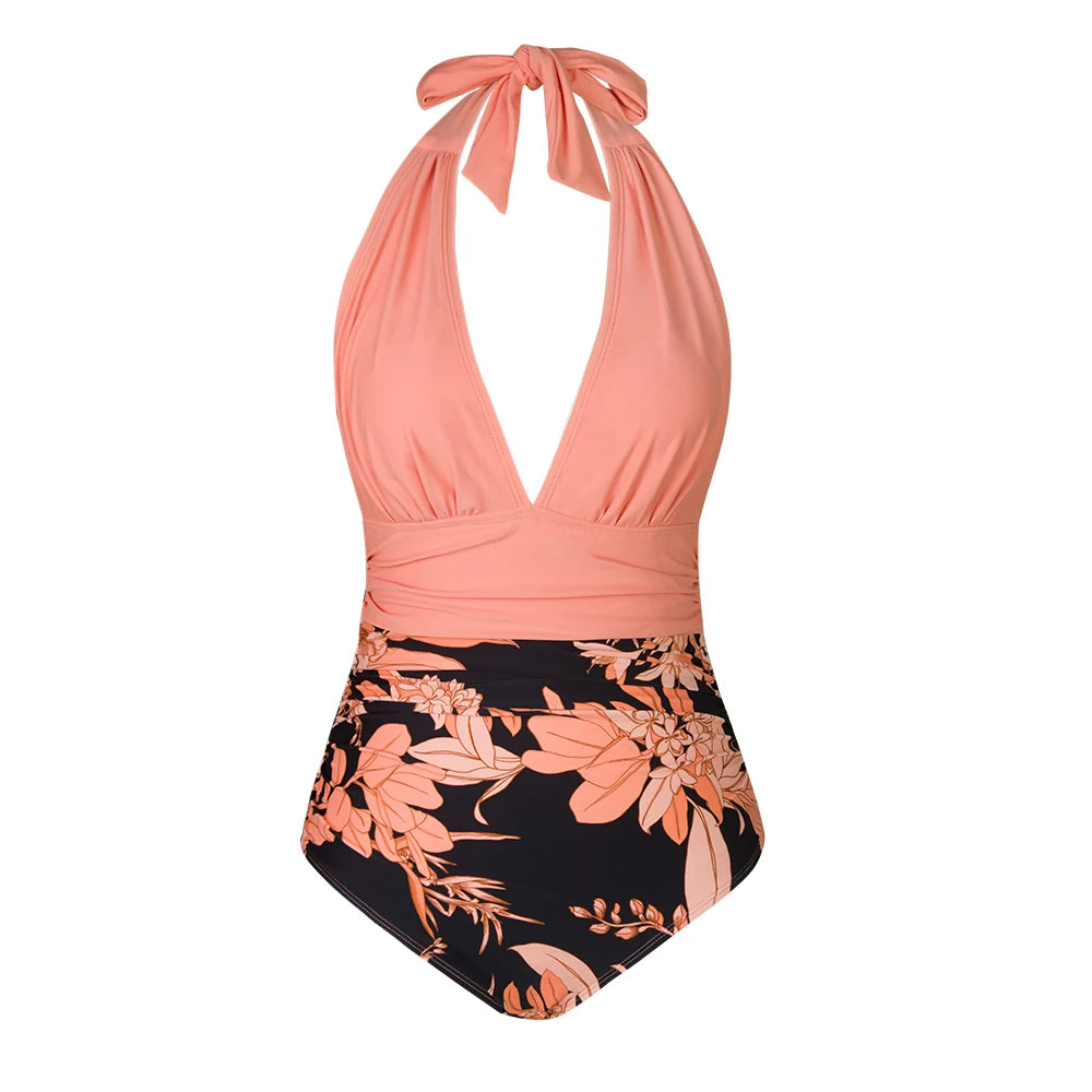 Deep V Halter Lace-Up One-Piece Swimsuit - for elegant looks and perfect fit for any occasion - Corafemme
