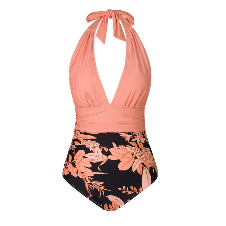 Deep V Halter Lace-Up One-Piece Swimsuit - for elegant looks and perfect fit for any occasion - Corafemme