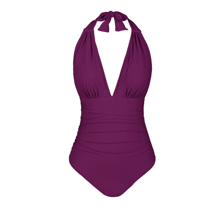 Deep V Halter Lace-Up One-Piece Swimsuit - for elegant looks and perfect fit for any occasion - Corafemme