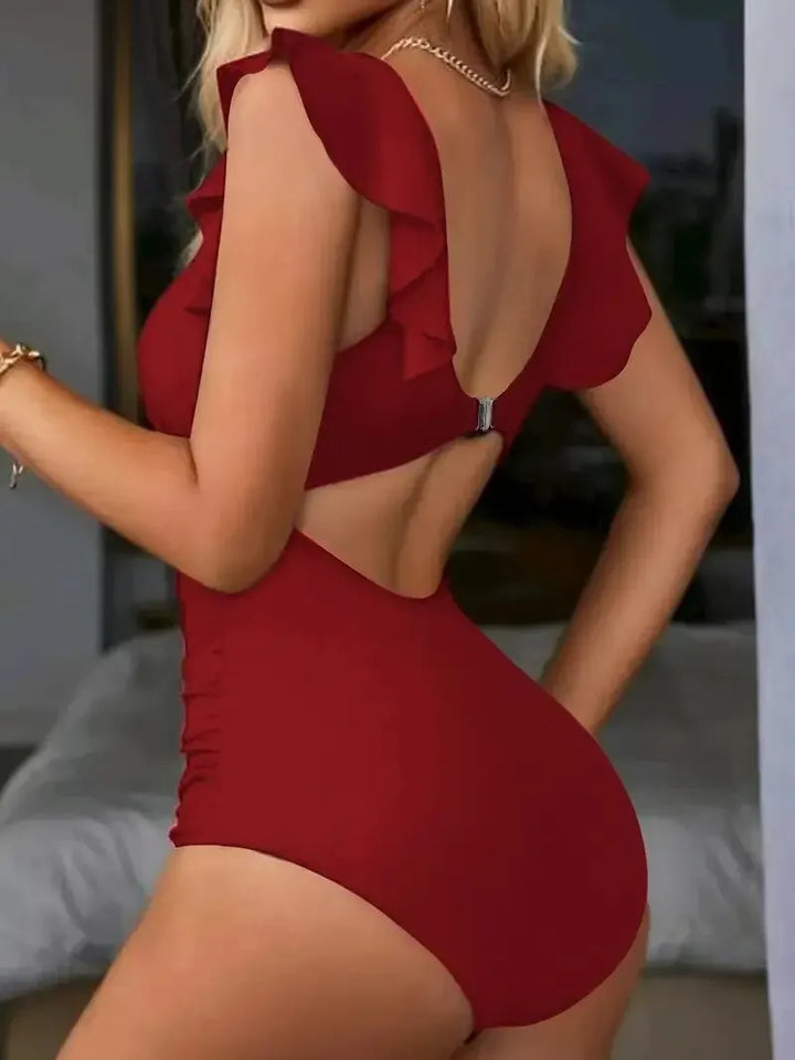 V-Neck Mesh Panel One-Piece Swimsuit - for elegant looks and perfect fit for any occasion - Corafemme
