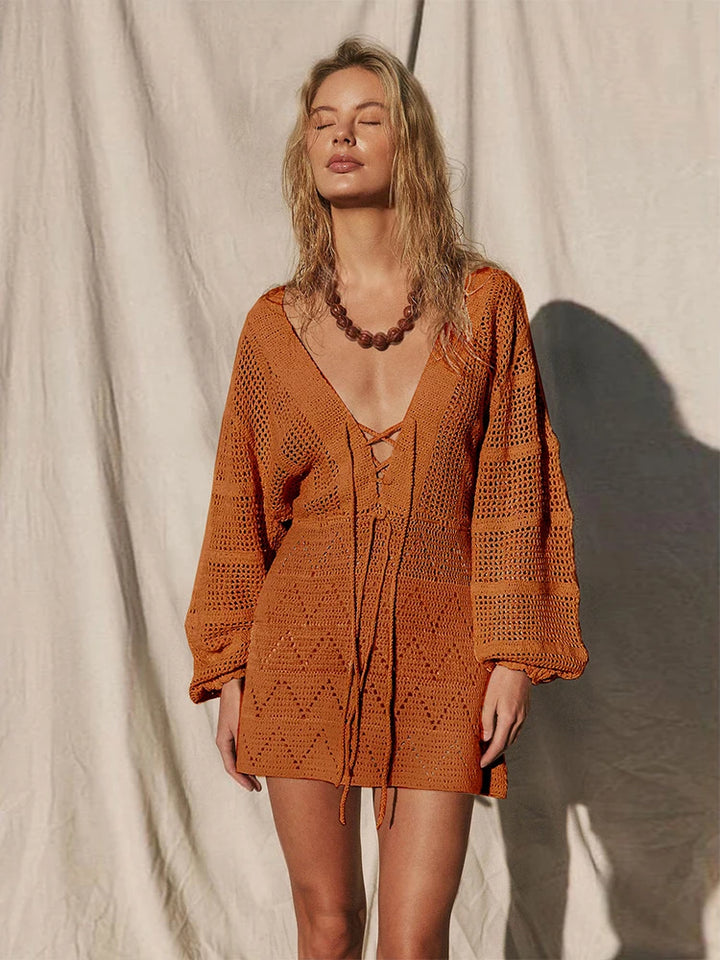 Boho Breeze Lace-Up Mini Beach Dress - for elegant looks and perfect fit for any occasion - Corafemme