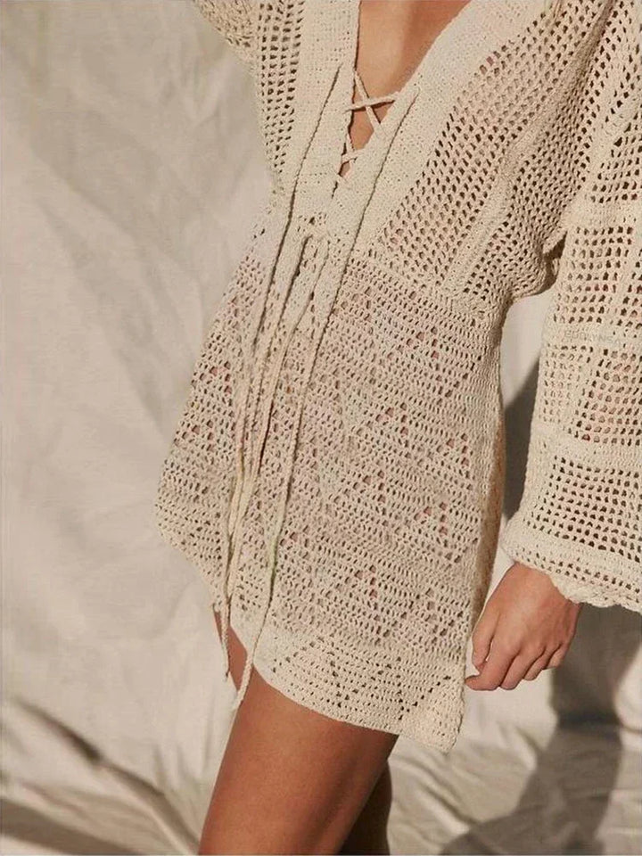 Boho Breeze Lace-Up Mini Beach Dress - for elegant looks and perfect fit for any occasion - Corafemme