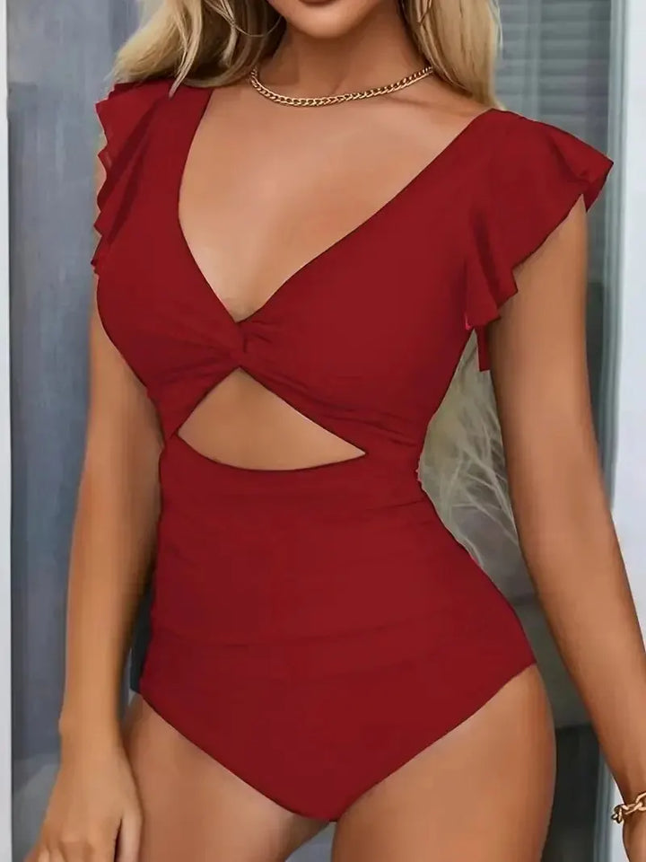 V-Neck Mesh Panel One-Piece Swimsuit - for elegant looks and perfect fit for any occasion - Corafemme