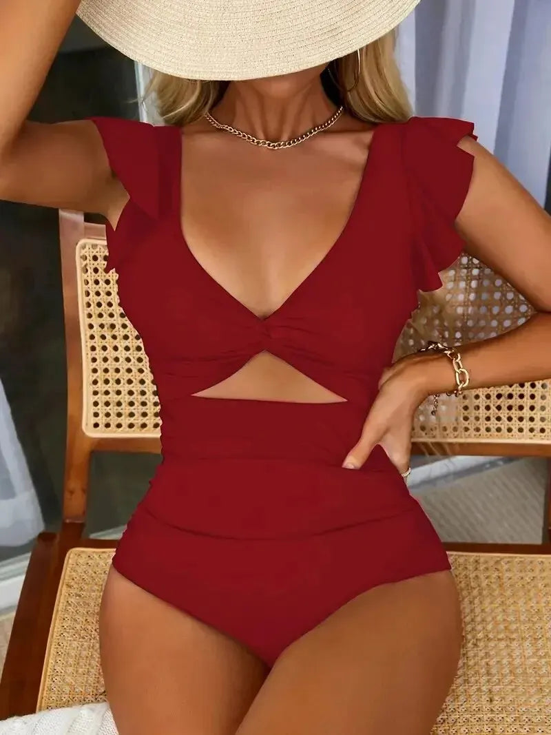 V-Neck Mesh Panel One-Piece Swimsuit - for elegant looks and perfect fit for any occasion - Corafemme