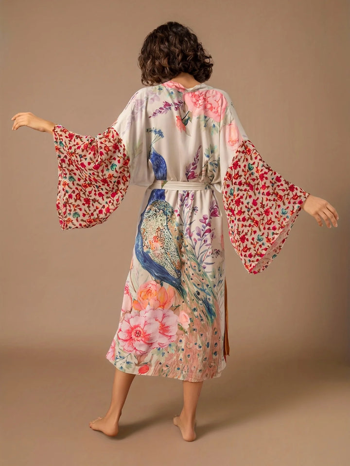 Peacock Print Wrap Kimono Cover-Up - for elegant looks and perfect fit for any occasion - Corafemme