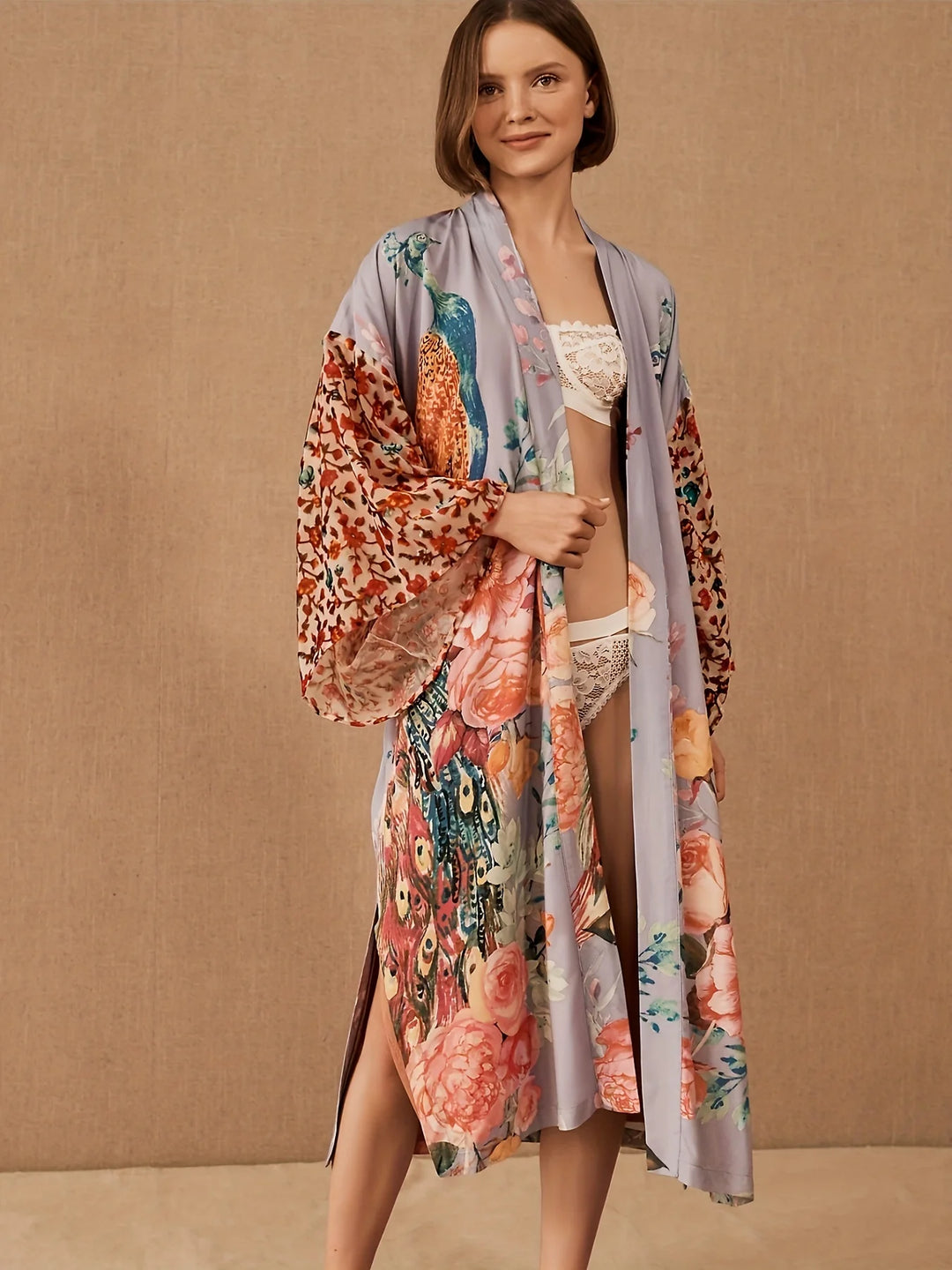 Peacock Print Wrap Kimono Cover-Up - for elegant looks and perfect fit for any occasion - Corafemme