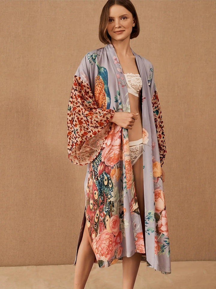 Peacock Print Wrap Kimono Cover-Up - for elegant looks and perfect fit for any occasion - Corafemme