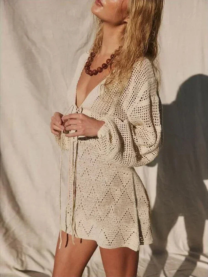 Boho Breeze Lace-Up Mini Beach Dress - for elegant looks and perfect fit for any occasion - Corafemme