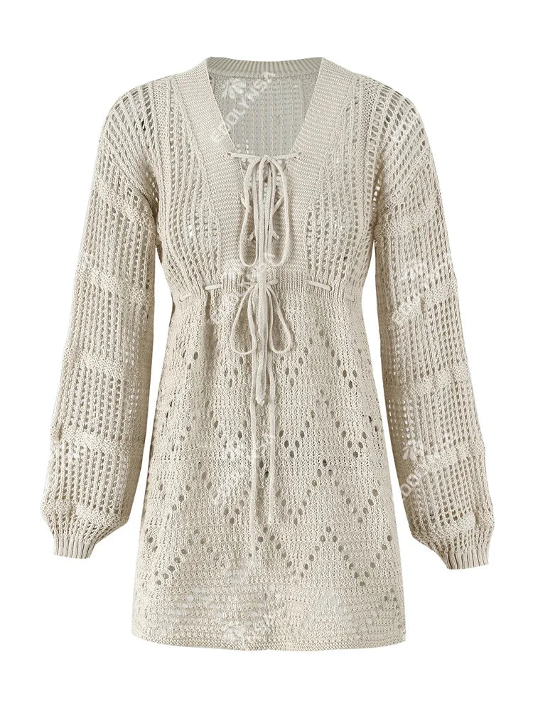 Boho Breeze Lace-Up Mini Beach Dress - for elegant looks and perfect fit for any occasion - Corafemme