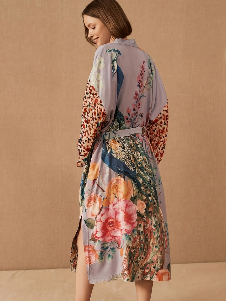 Peacock Print Wrap Kimono Cover-Up - for elegant looks and perfect fit for any occasion - Corafemme