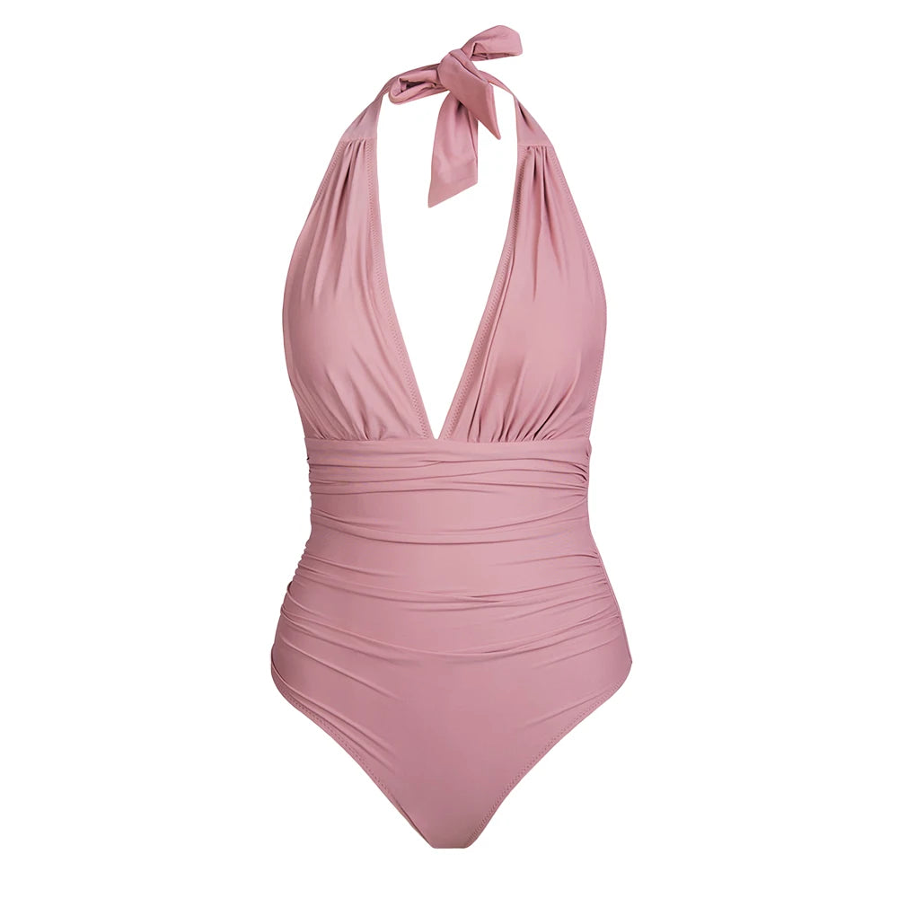 Deep V Halter Lace-Up One-Piece Swimsuit - for elegant looks and perfect fit for any occasion - Corafemme