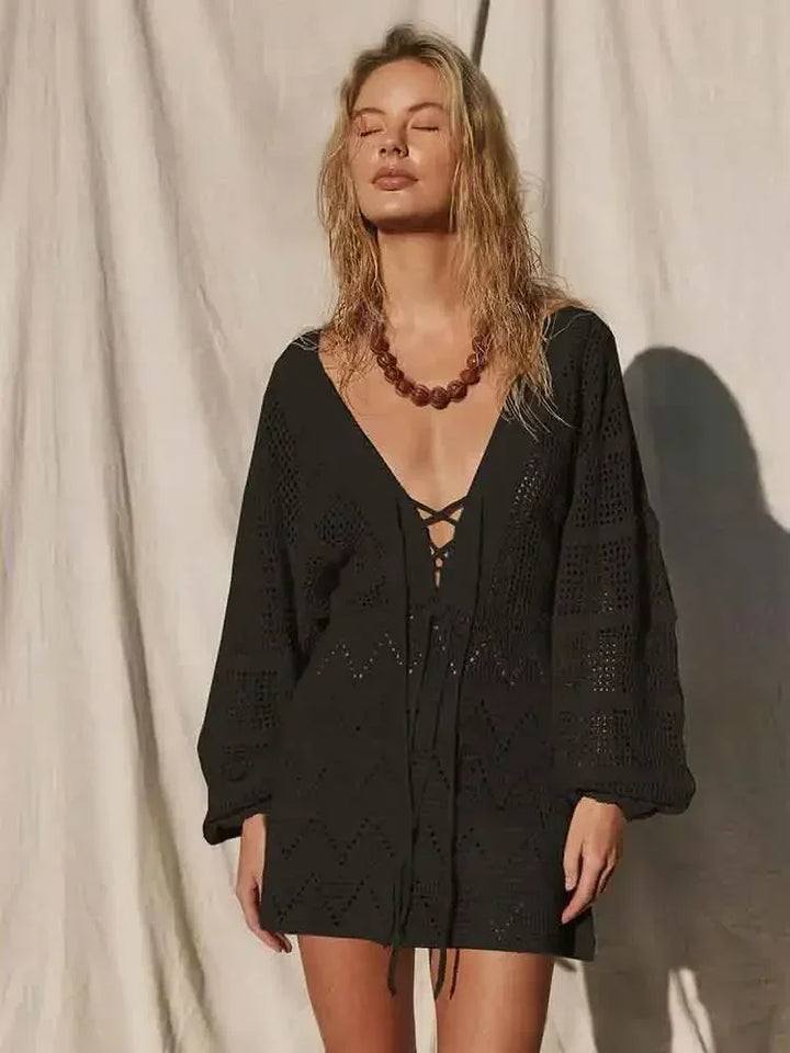 Boho Breeze Lace-Up Mini Beach Dress - for elegant looks and perfect fit for any occasion - Corafemme