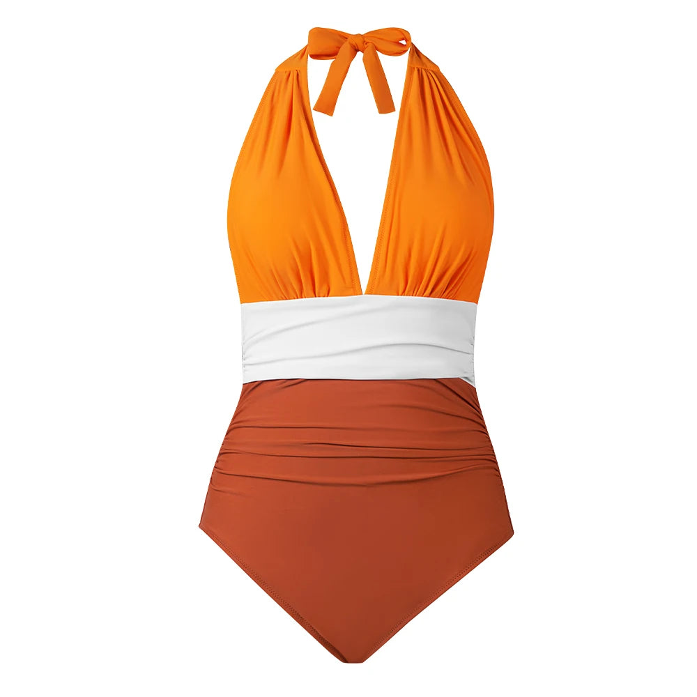 Deep V Halter Lace-Up One-Piece Swimsuit - for elegant looks and perfect fit for any occasion - Corafemme
