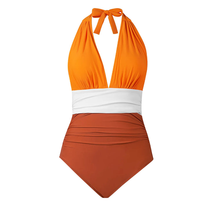 Deep V Halter Lace-Up One-Piece Swimsuit - for elegant looks and perfect fit for any occasion - Corafemme