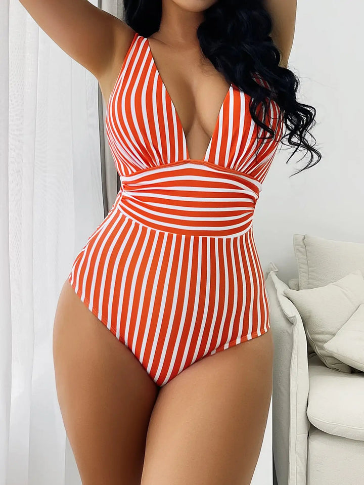 Coastal Stripes V-Neck One-Piece - for elegant looks and perfect fit for any occasion - Corafemme
