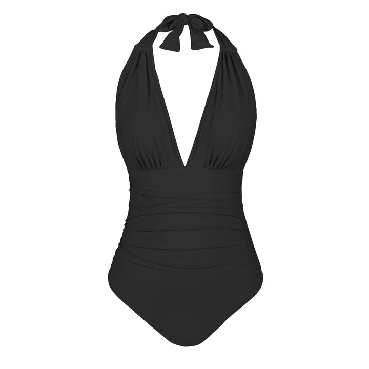 Deep V Halter Lace-Up One-Piece Swimsuit - for elegant looks and perfect fit for any occasion - Corafemme